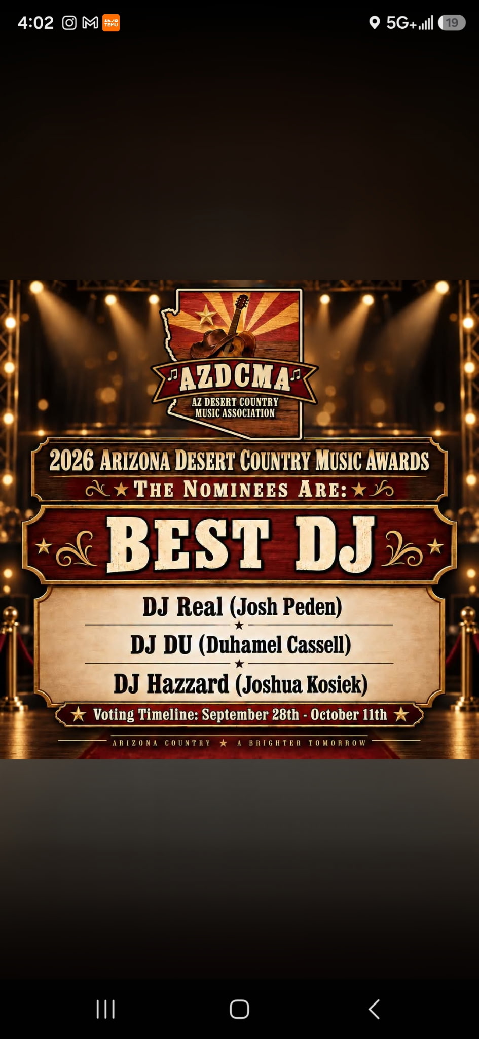 2026 Arizona Desert Country Music Awards Best DJ nominees including DJ Hazzard, Joshua Kosiek