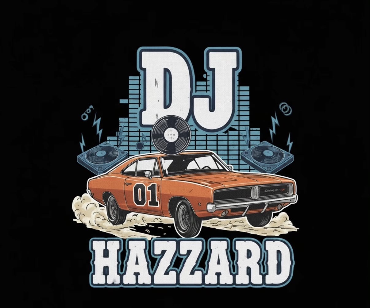 DJ Hazzard logo featuring an orange muscle car, turntables and equalizer